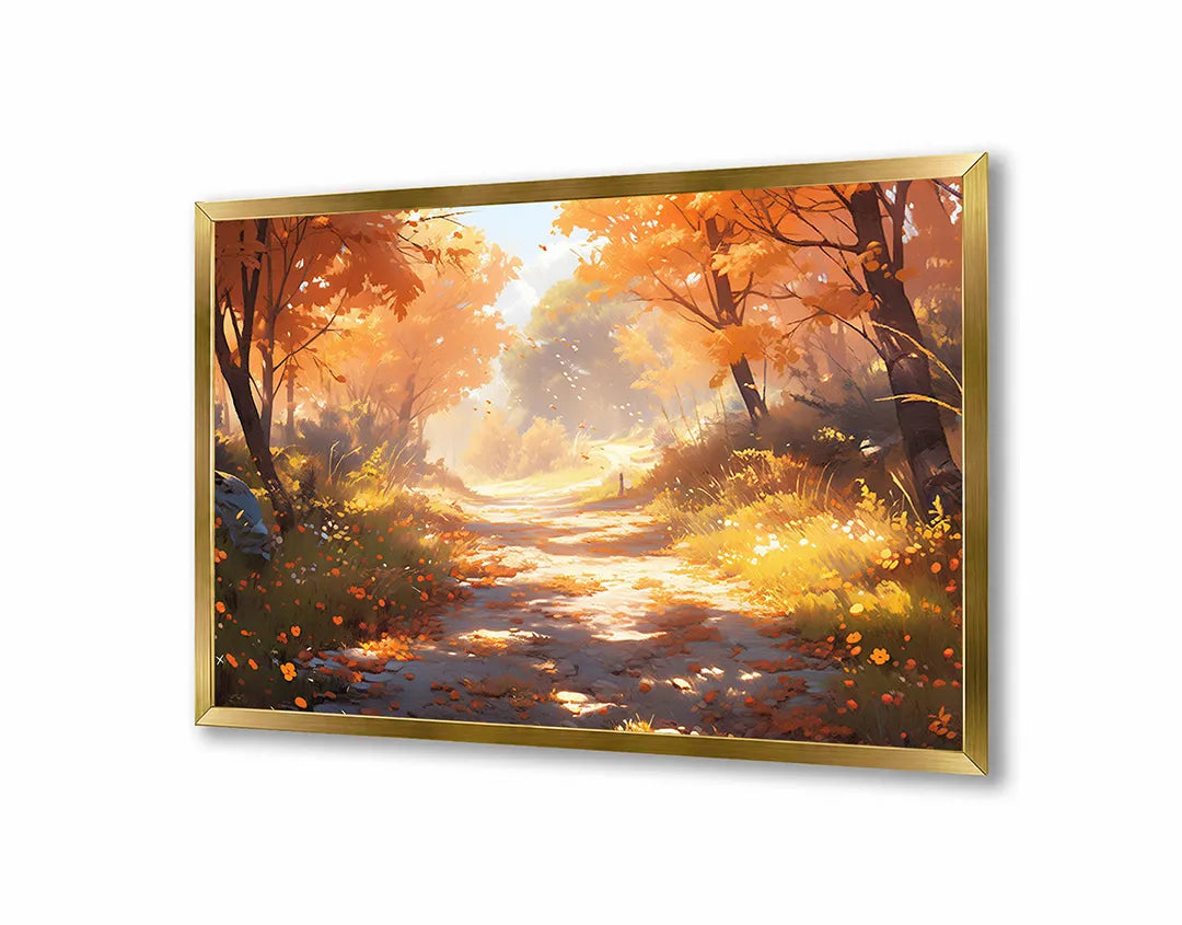 Metalen Magneetbord met print van Herfstbos pad zonsondergang perfect als decoratie