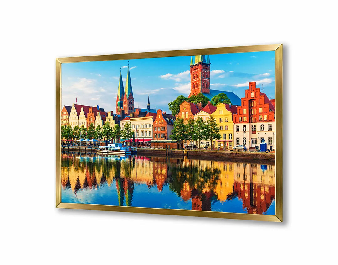 Metalen Magneetbord met afbeelding van gekleurde Amsterdamse grachtenpanden in vrolijke kleuren kleuren