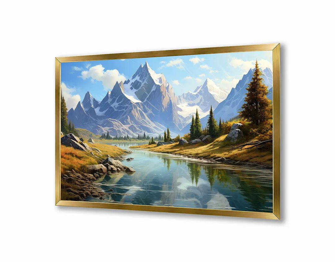 Metalen Magneetbord met print van Besneeuwde bergen en rivier perfect als decoratie