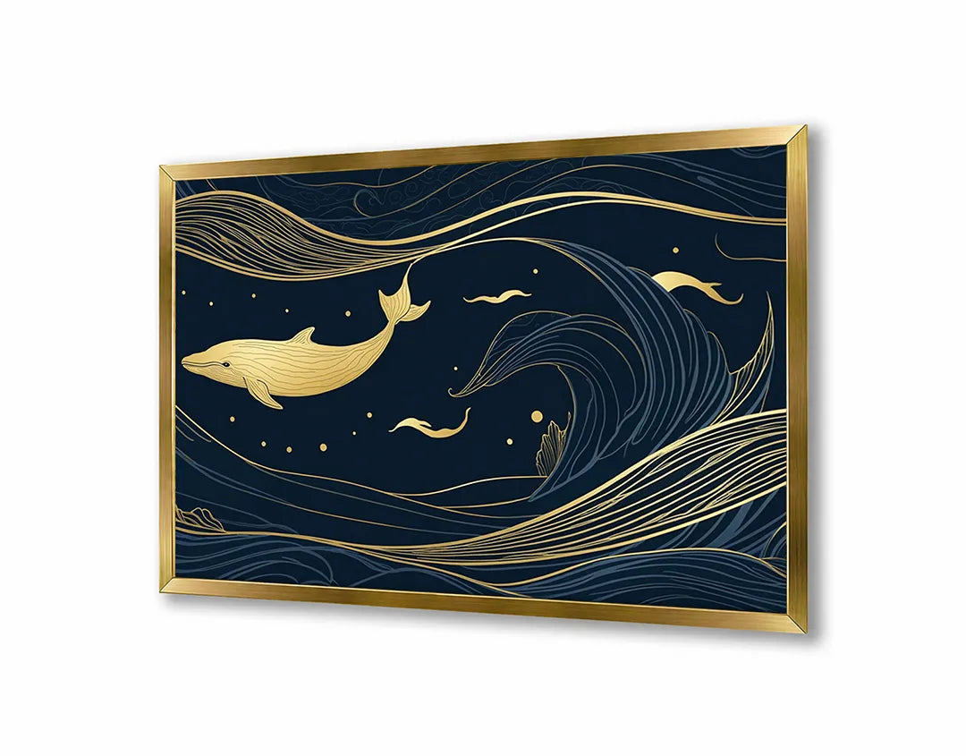 Metalen Magneetbord met print van Walvis illustratie goud op blauw perfect als decoratie