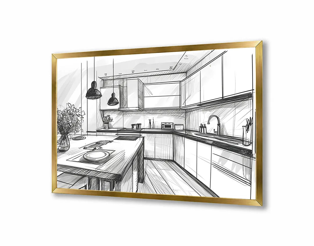 Metalen Magneetbord met print van Keuken schets zwart wit perfect als decoratie