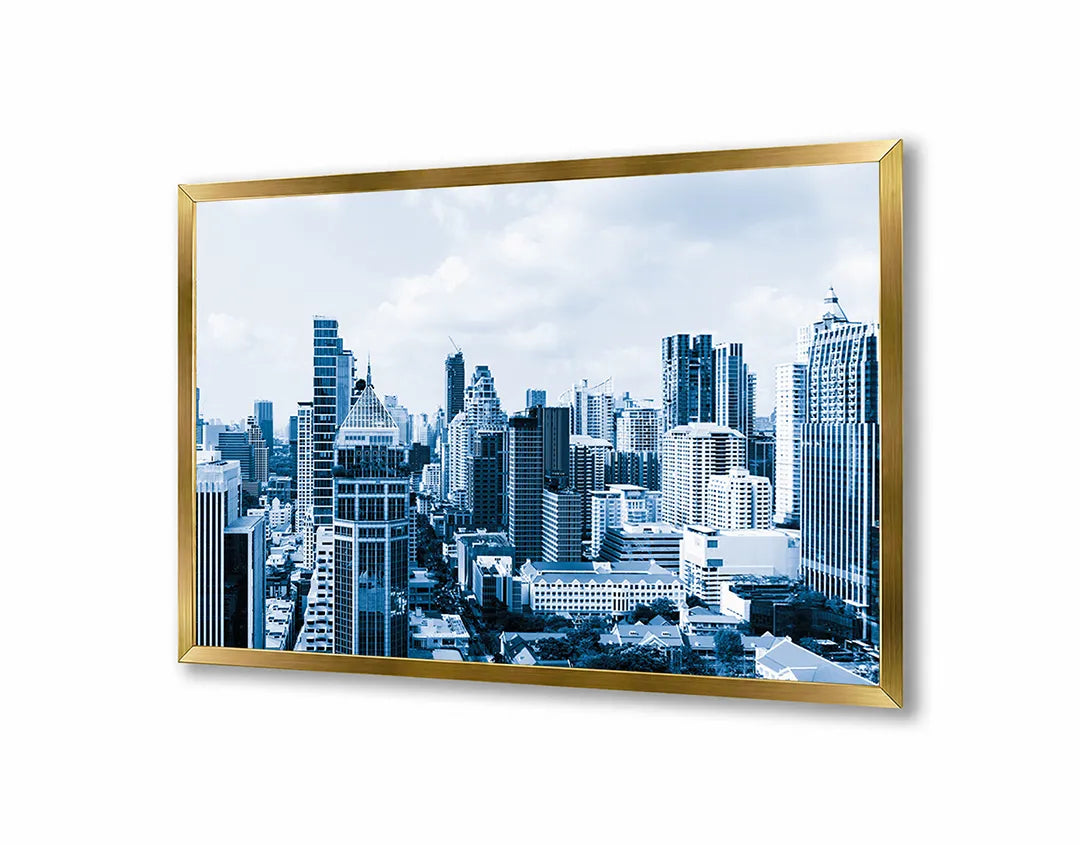 Metalen Magneetbord met print van Skyline stad in winter perfect als decoratie