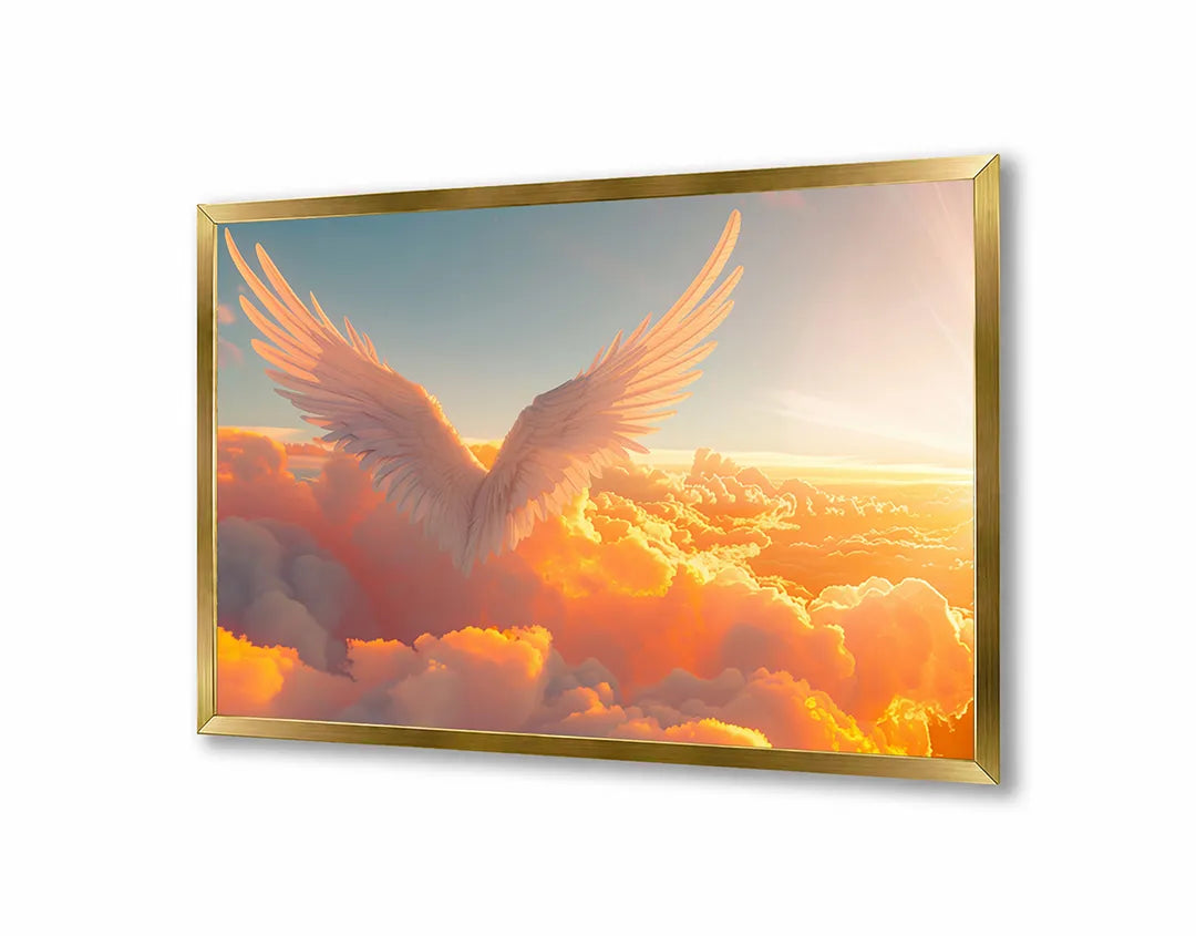 Metalen Magneetbord met print van Gouden vleugels in wolken perfect als decoratie