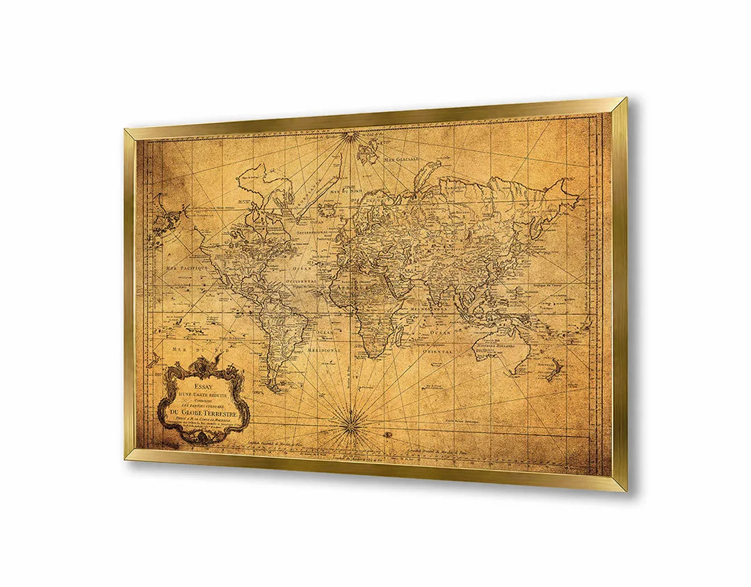 Metalen Magneetbord met afbeelding van verweerde vintage wereldkaart in geel en bruin kleuren