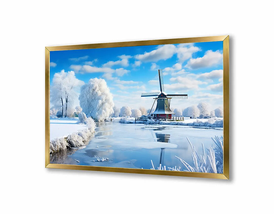 Metalen Magneetbord met print van Winterlandschap molen perfect als decoratie