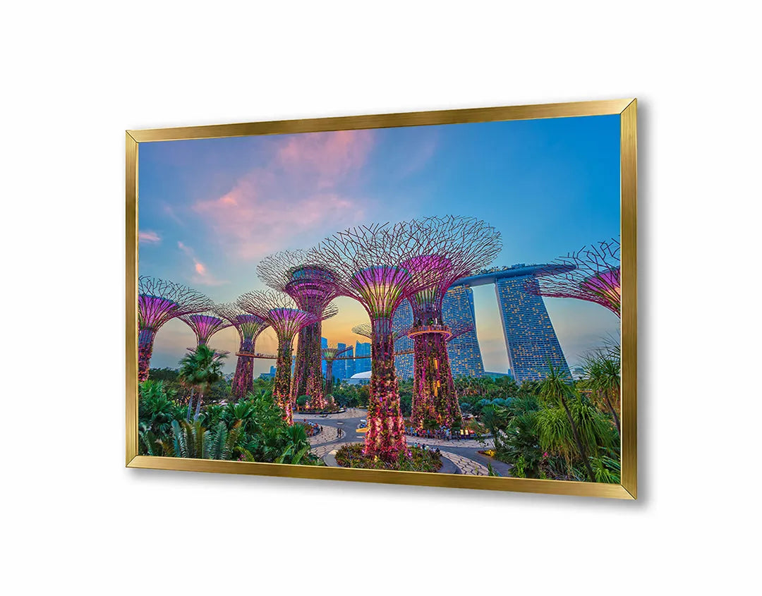 Metalen Magneetbord met afbeelding van Singapore Gardens by the Bay bij nacht in paars en blauw neon kleuren