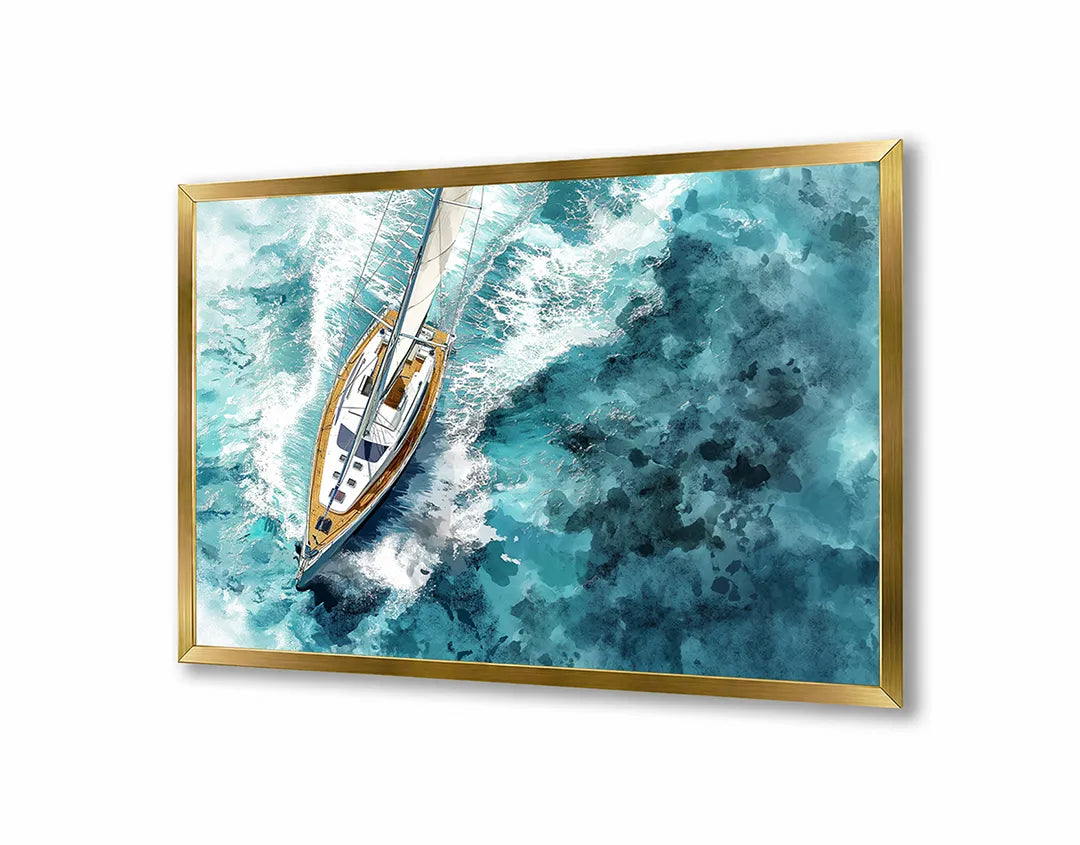 Metalen Magneetbord met hoogwaardige afbeelding van Bootje van bovenaf oceaan voor aan de muur