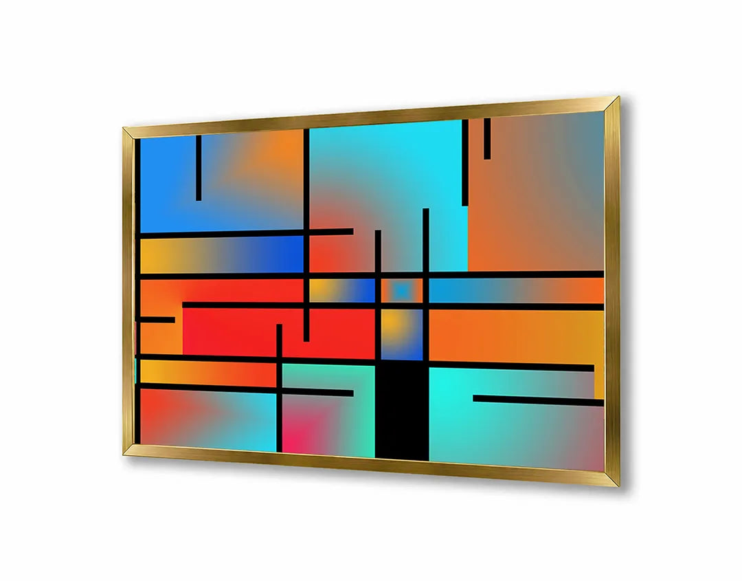 Metalen Magneetbord met afbeelding van abstracte Mondriaan stijl vlakken in rood, geel, blauw, zwart kleuren