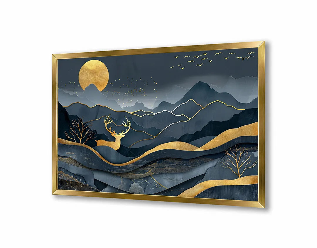 Metalen Magneetbord met hoogwaardige afbeelding van Gouden hert in bergen donkerblauw voor aan de muur