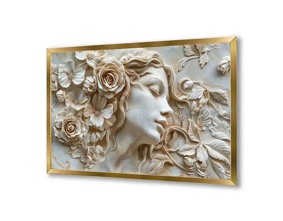 Metalen Magneetbord met hoogwaardige afbeelding van Vrouwengezicht bloemen relief wit voor aan de muur