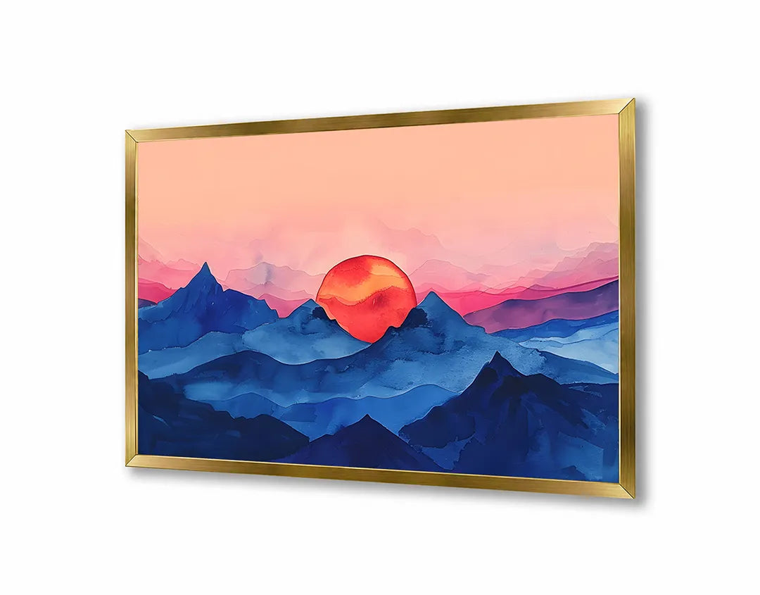 Metalen Magneetbord met hoogwaardige afbeelding van Rode zon over blauwe bergen voor aan de muur