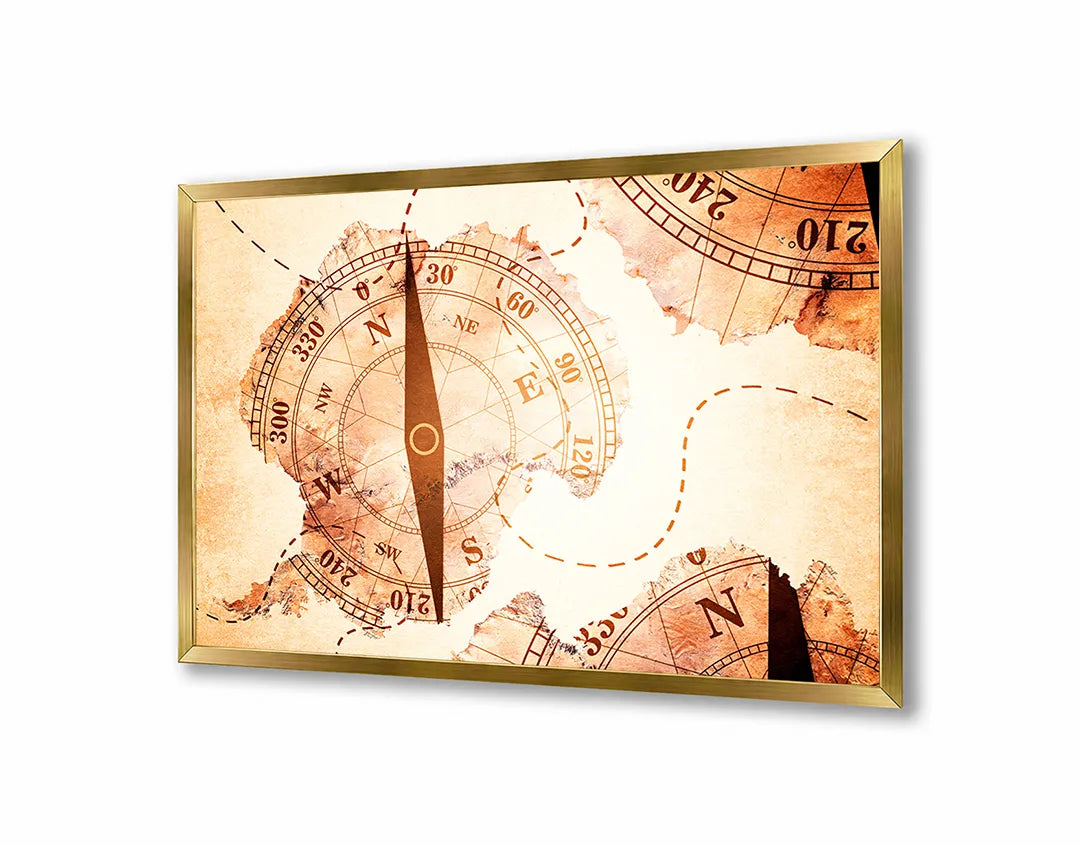 Metalen Magneetbord met afbeelding van antiek kompas met landkaart in warm sepia kleuren