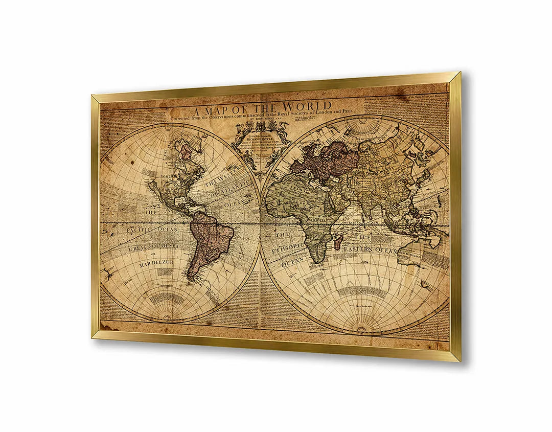 Metalen Magneetbord met afbeelding van donkere vintage wereldkaart in diep bruin kleuren