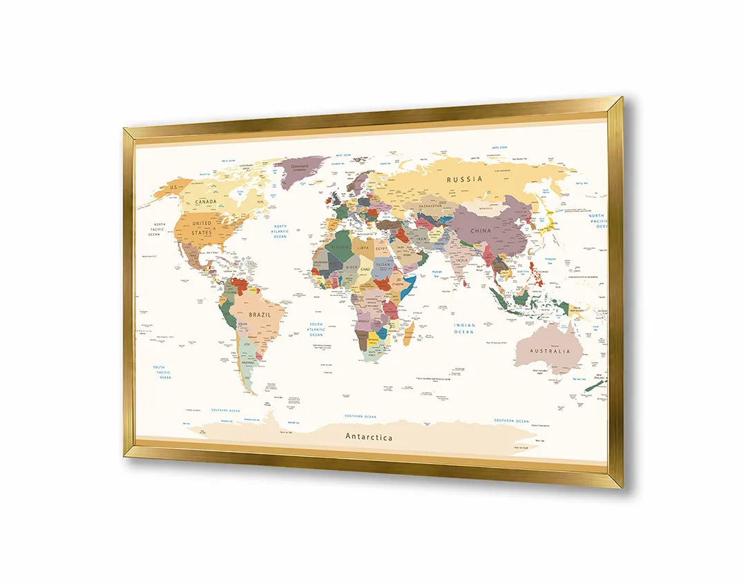 Metalen Magneetbord met afbeelding van wereldkaart met pastel landen in zachte pastelkleuren kleuren