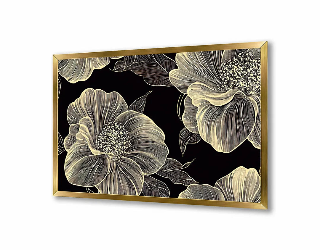 Metalen Magneetbord met hoogwaardige afbeelding van Gouden bloemen donkere achtergrond voor aan de muur