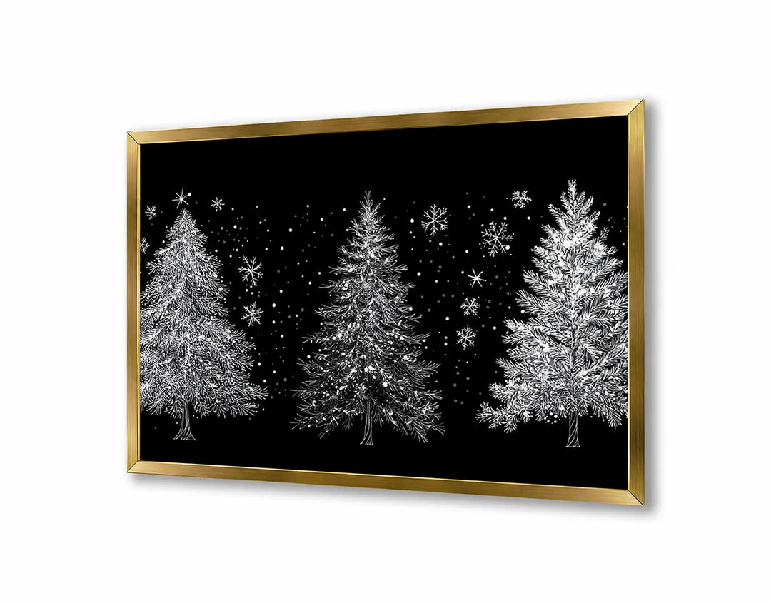 Metalen Magneetbord met hoogwaardige afbeelding van Drie witte kerstbomen zwart voor aan de muur