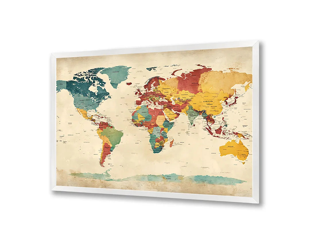 Metalen Magneetbord met hoogwaardige afbeelding van Gekleurde wereldkaart vintage voor aan de muur