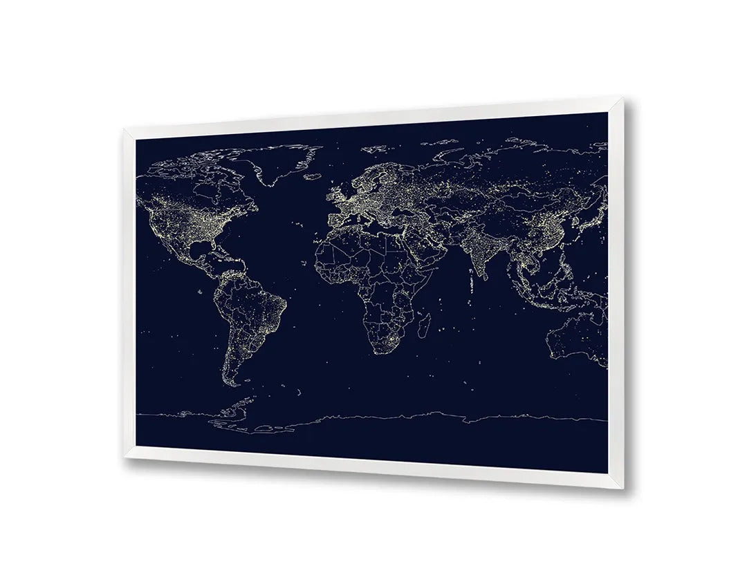 Metalen Magneetbord met afbeelding van lichtgevende wereldkaart netwerk in neon blauw op zwart kleuren