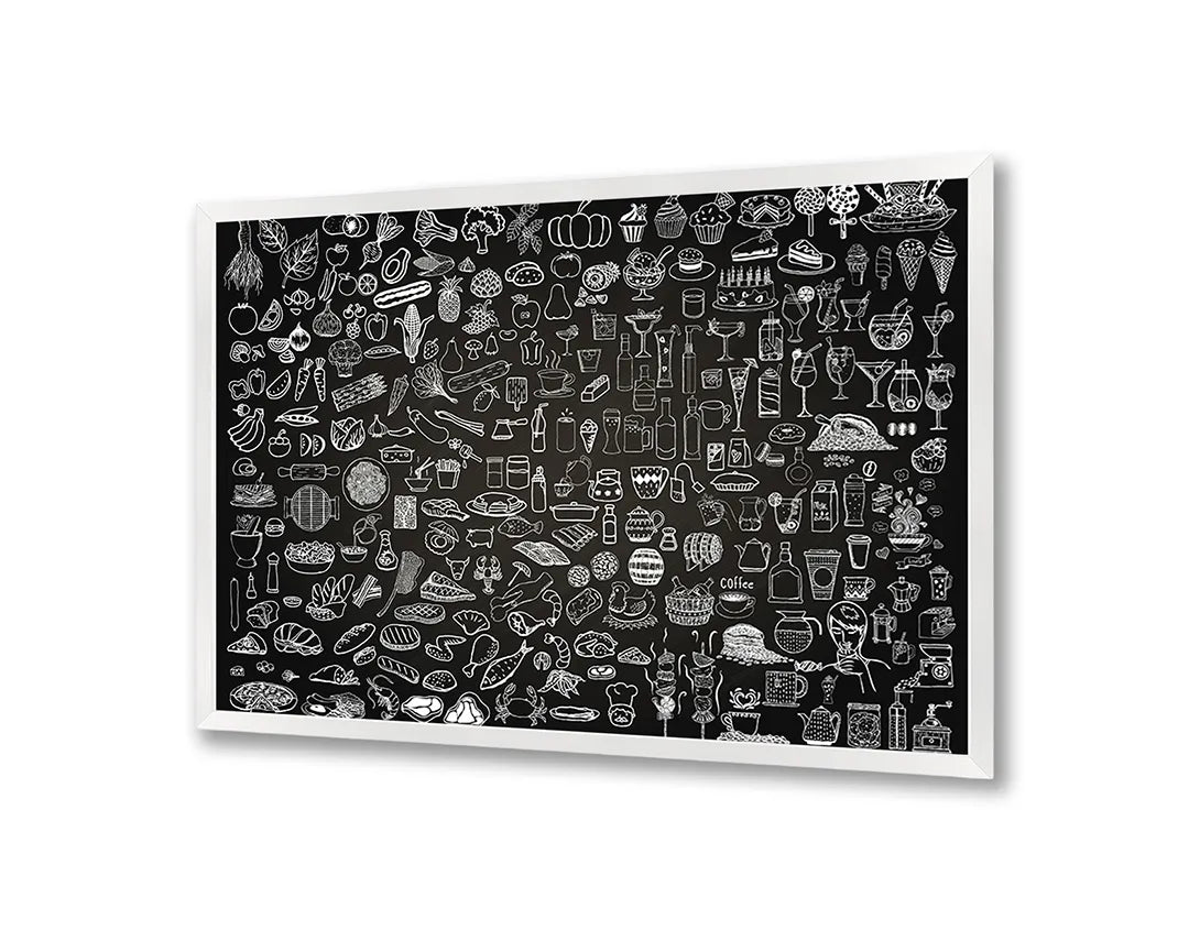 Metalen Magneetbord met afbeelding van krijtbord doodles van eten en drinken in zwart en wit kleuren
