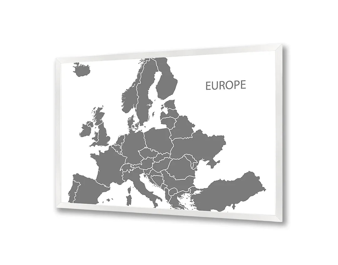 Metalen Magneetbord met afbeelding van grijze Europa landkaart in lichtgrijs kleuren
