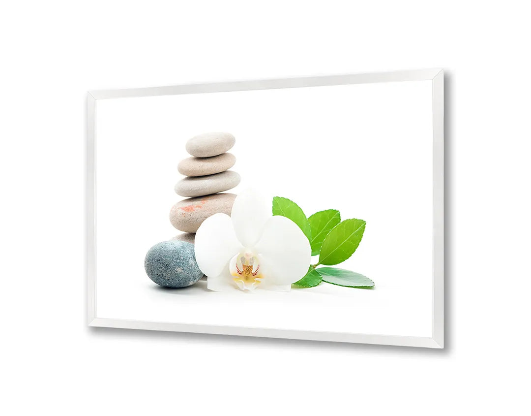 Metalen Magneetbord met afbeelding van zen stenen met orchidee en blad in wit en fris groen kleuren