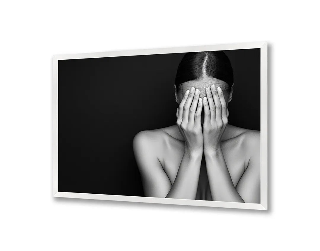 Metalen Magneetbord met hoogwaardige afbeelding van Vrouw handen voor gezicht zwart wit voor aan de muur