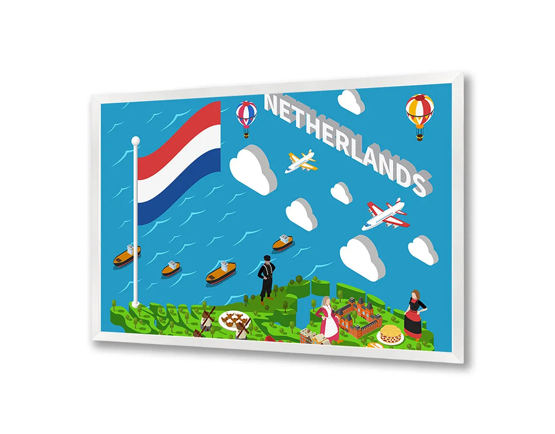 Metalen Magneetbord met afbeelding van Nederlandse iconen illustratie in vrolijke primaire kleuren kleuren