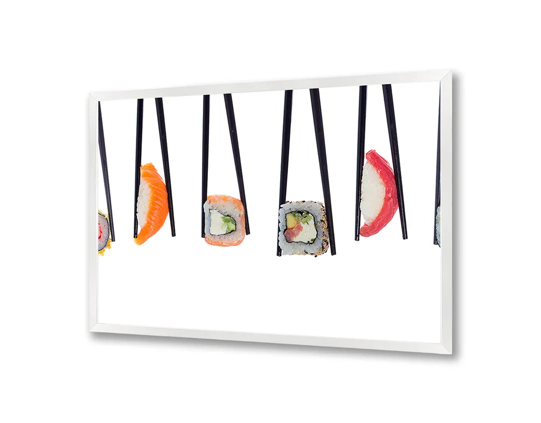 Metalen Magneetbord met afbeelding van hangende sushi stukjes in licht en fris kleuren