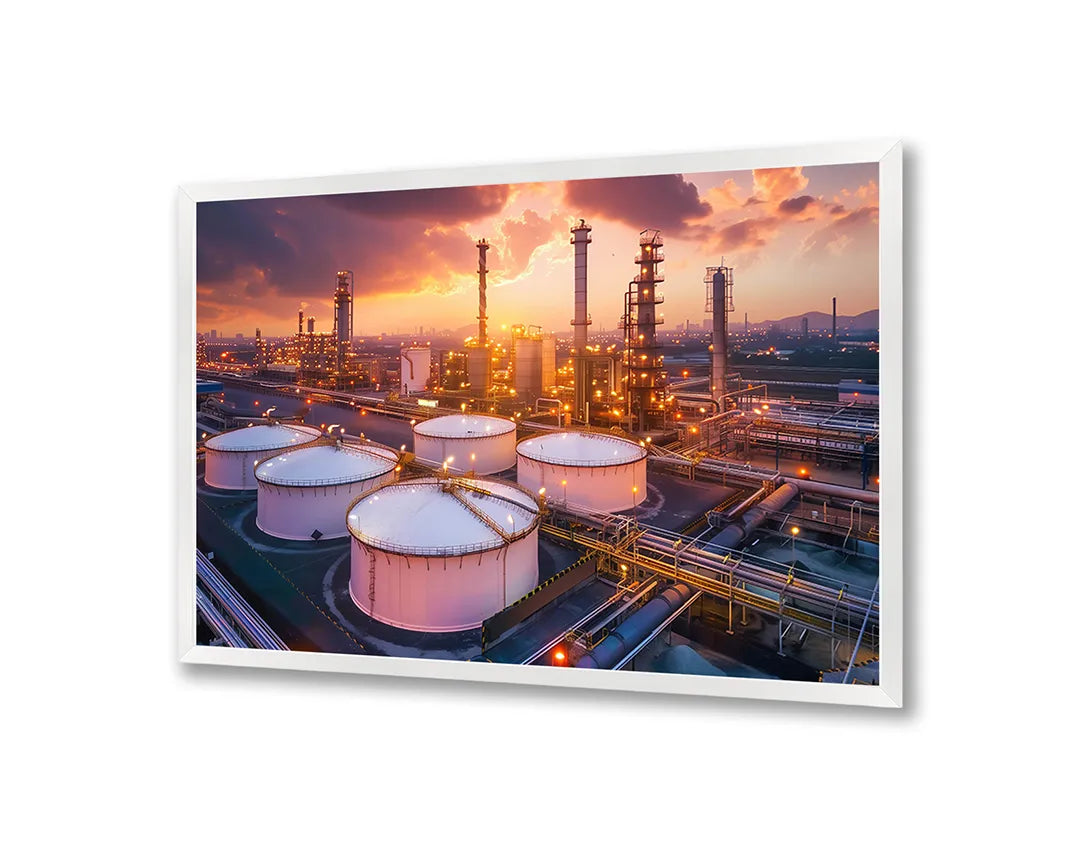 Metalen Magneetbord met hoogwaardige afbeelding van Olieraffinaderij industrie zonsondergang voor aan de muur
