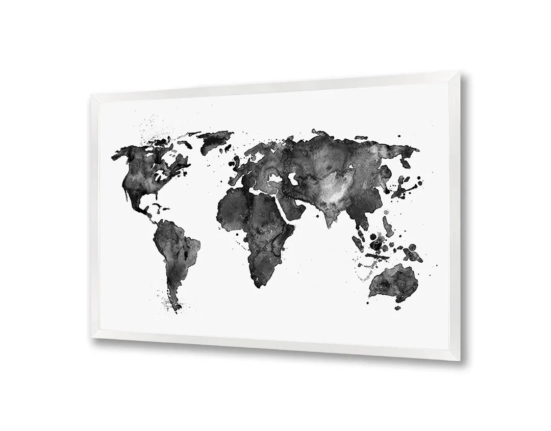 Metalen Magneetbord met afbeelding van wereldkaart in aquarel zwart-wit in zwart-wit kleuren