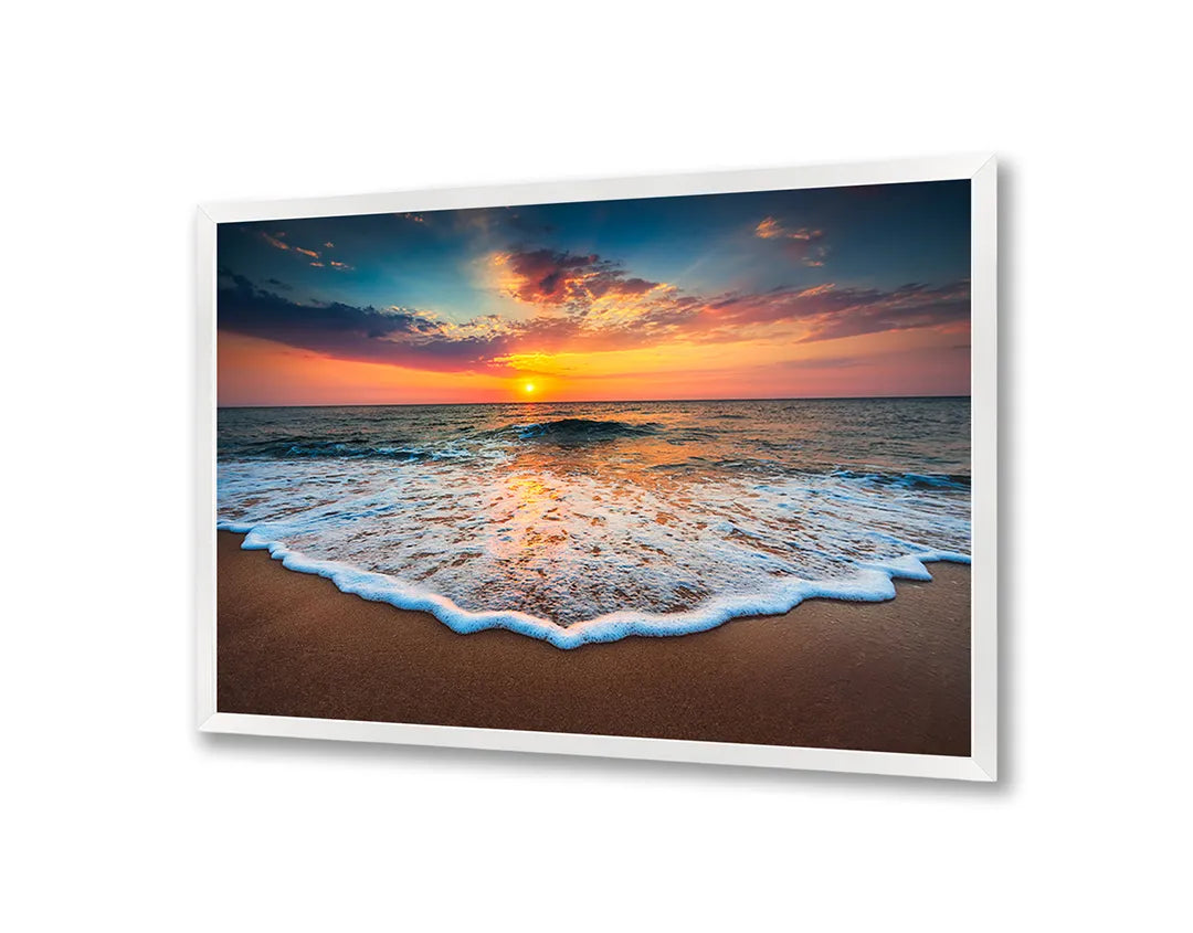 Metalen Magneetbord met afbeelding van zonsondergang over golvend strand in warm oranje en blauw kleuren
