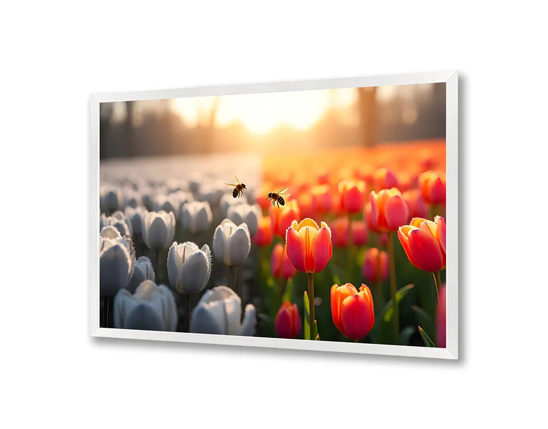 Metalen Magneetbord met hoogwaardige afbeelding van Tulpenveld wit rood zonsondergang voor aan de muur