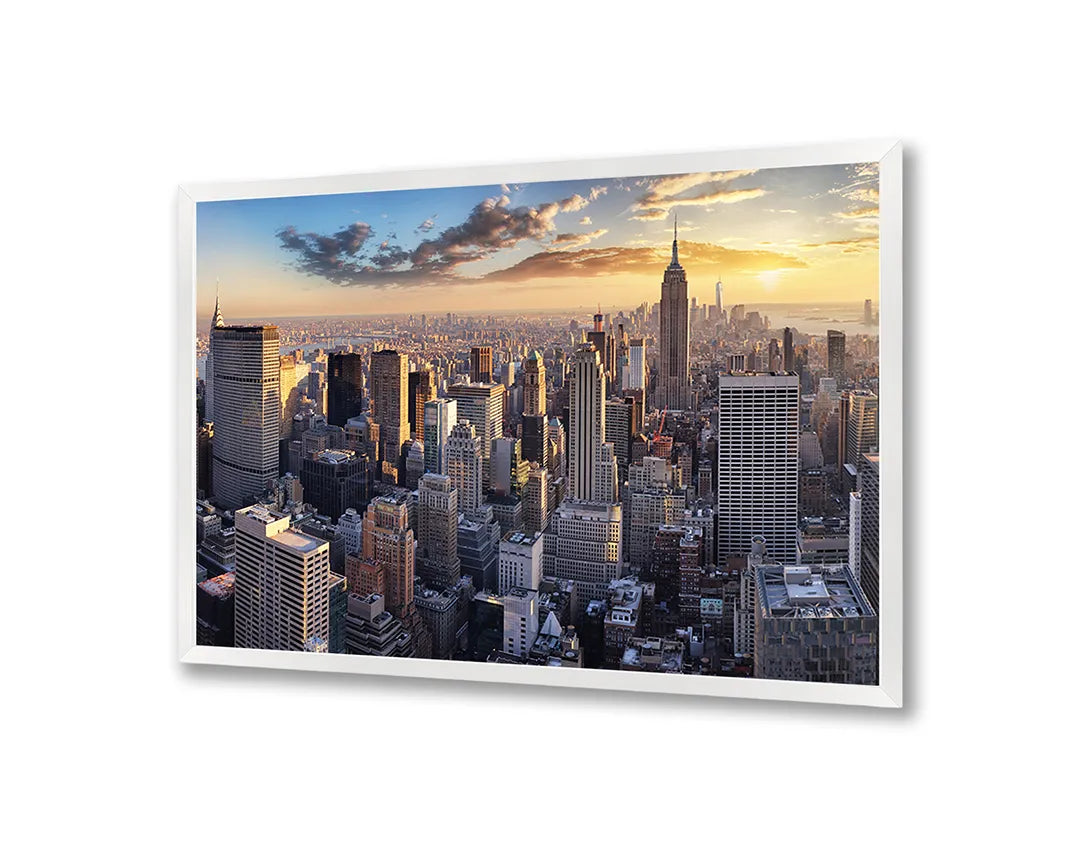 Metalen Magneetbord met afbeelding van New York skyline bij zonsondergang in goud en stadsblauw kleuren