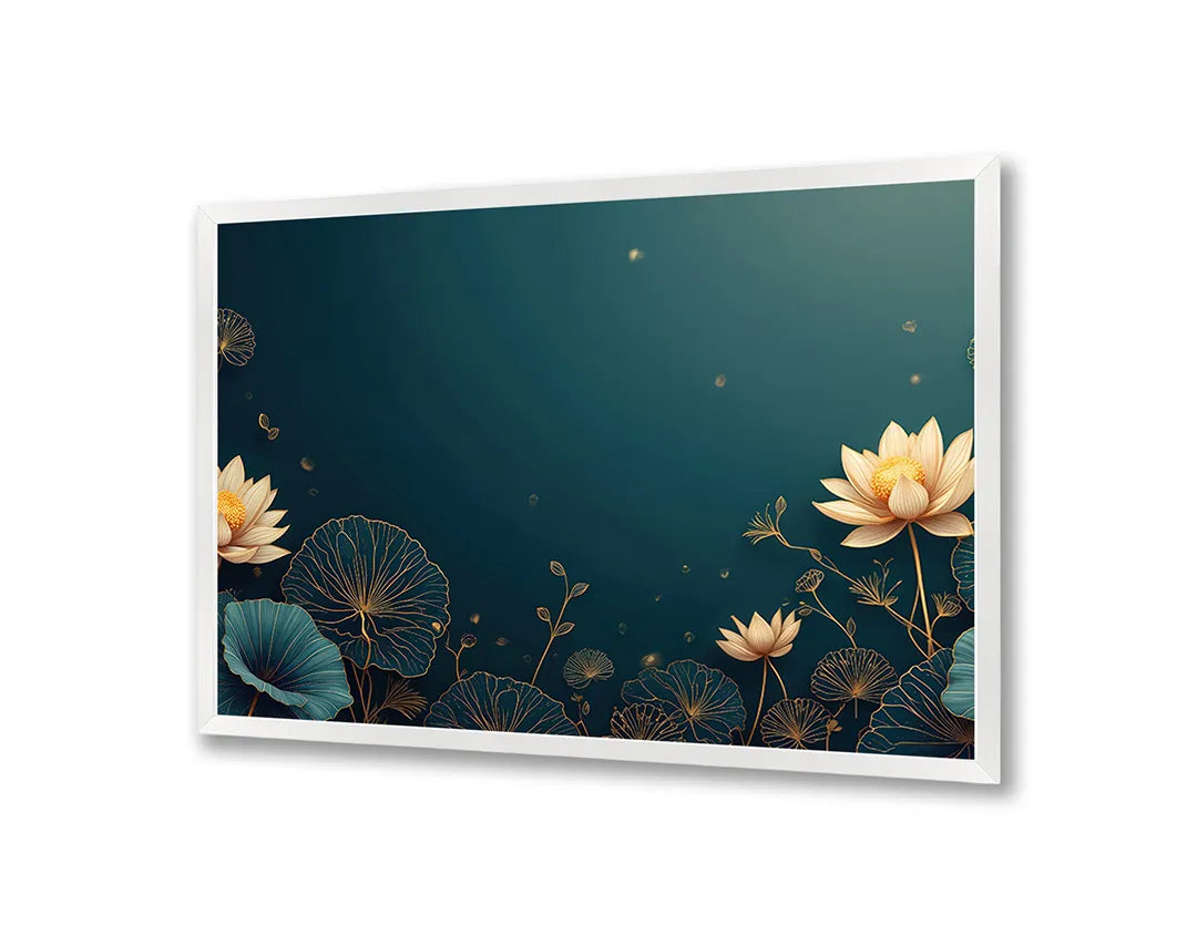 Metalen Magneetbord met hoogwaardige afbeelding van Gouden lotusbloemen blauw voor aan de muur