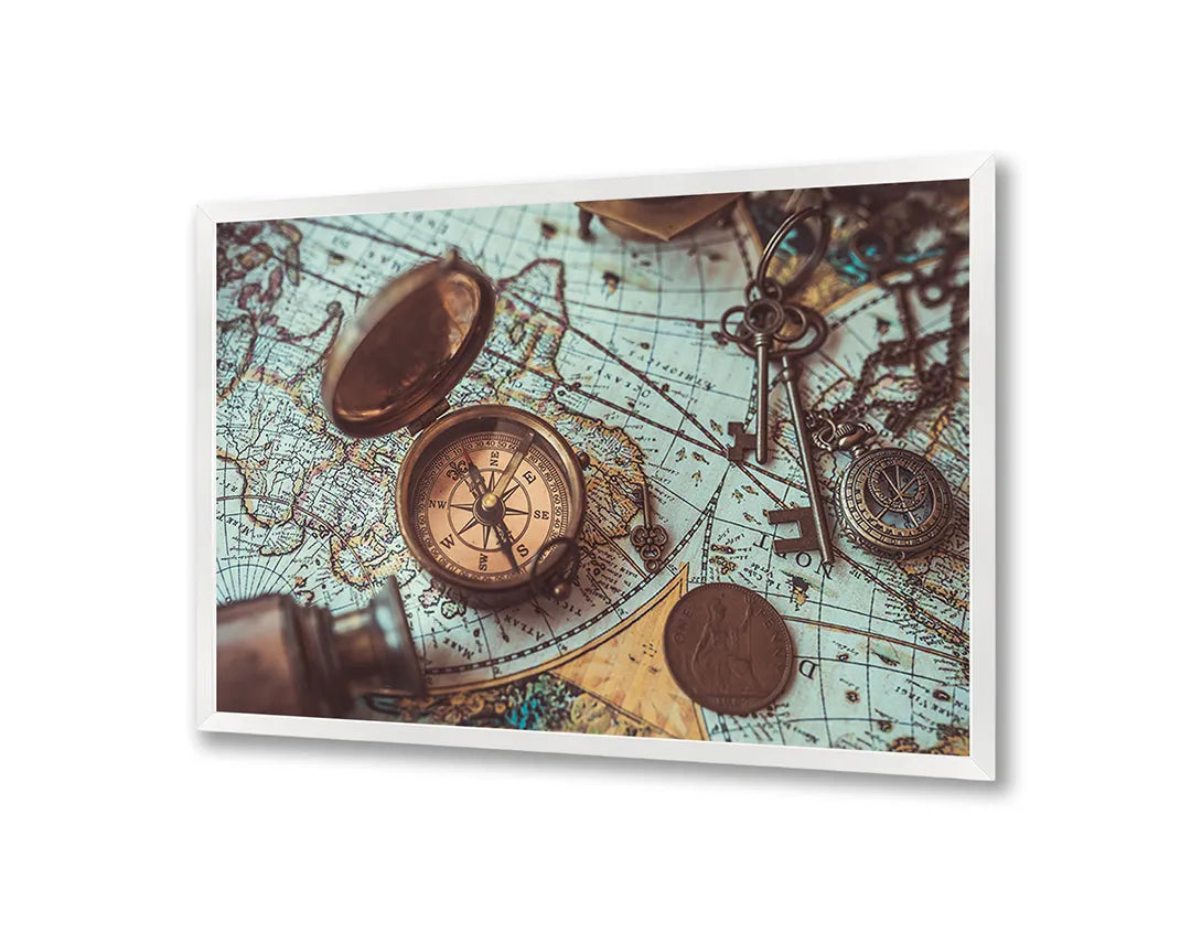 Metalen Magneetbord met afbeelding van vintage wereldkaart met oude kompassen in klassiek sepia kleuren