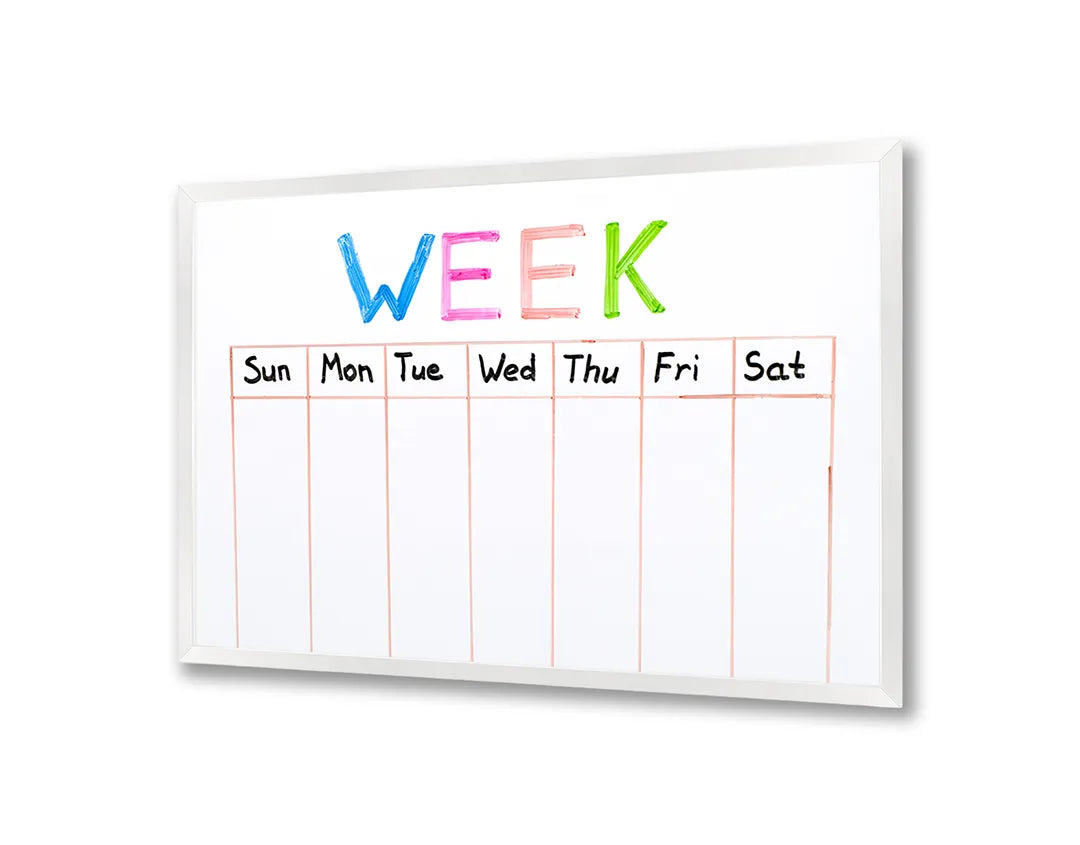 Metalen Magneetbord met afbeelding van kleurrijke weekplanner in regenboog accenten op wit kleuren