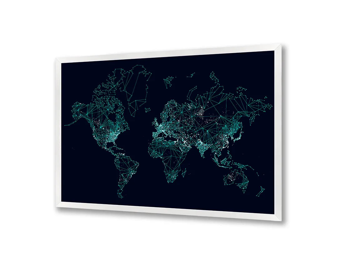 Metalen Magneetbord met afbeelding van blauwe lichtgevende wereldkaart stippen in donker met neon blauw kleuren