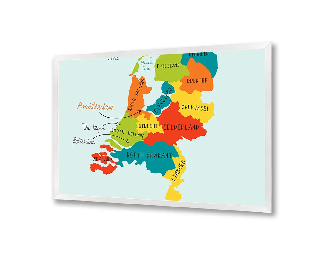 Metalen Magneetbord met afbeelding van gekleurde provinciekaart van Nederland in verschillende heldere kleuren kleuren