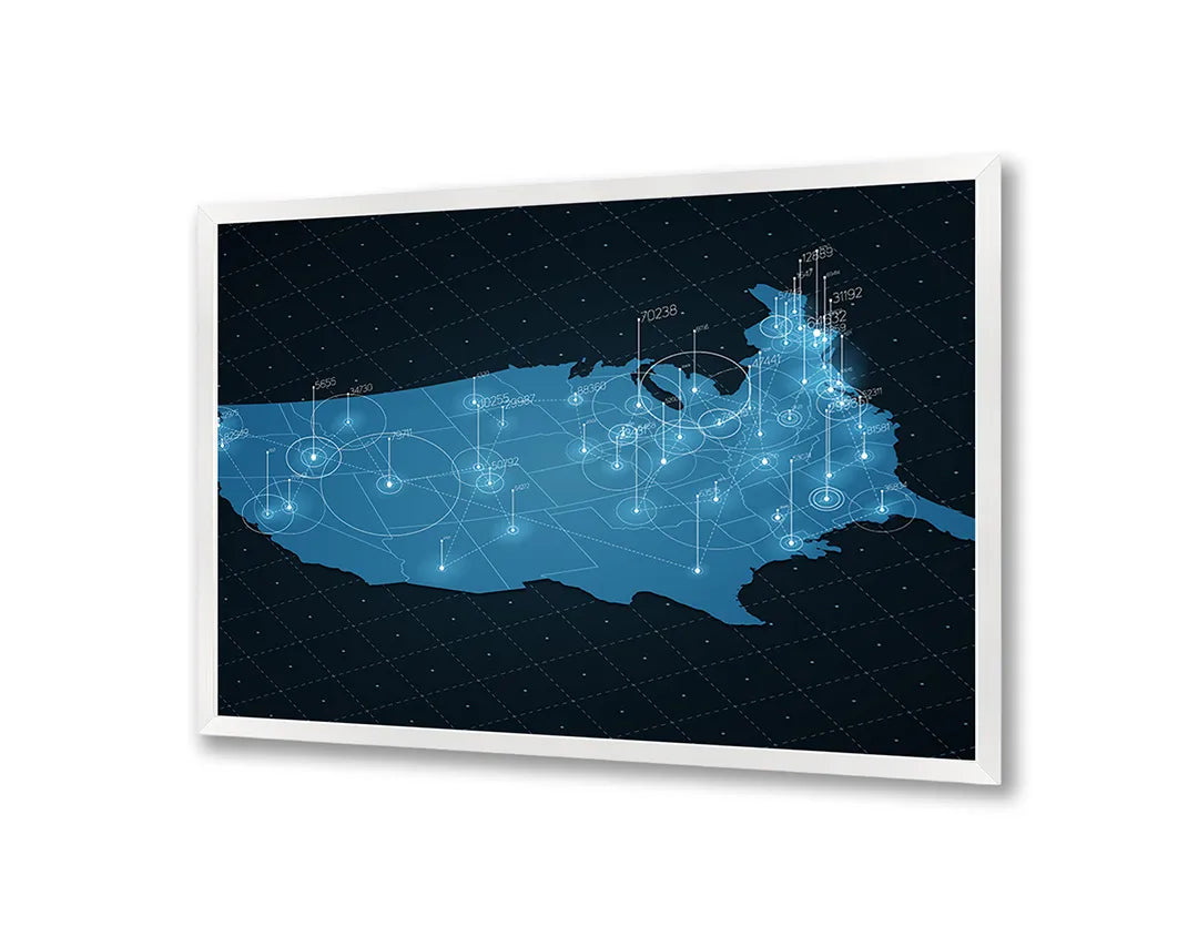 Metalen Magneetbord met afbeelding van USA landkaart met lichtnetwerk in blauw op donker kleuren