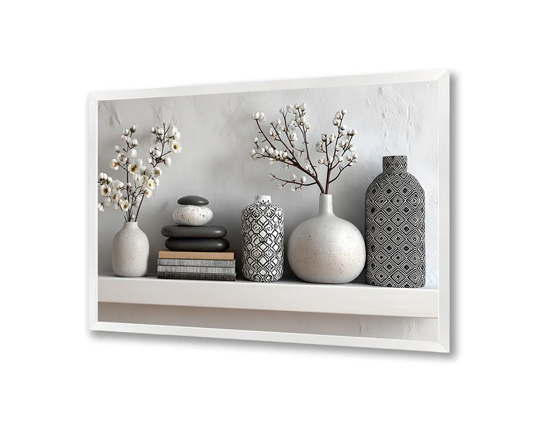Metalen Magneetbord met hoogwaardige afbeelding van Vazen met planten op plank interieur voor aan de muur