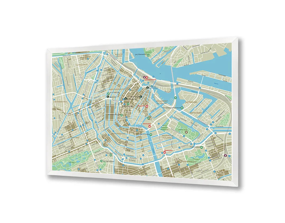 Metalen Magneetbord met afbeelding van gedetailleerde stadskaart van Amsterdam in lichte kaartkleuren kleuren