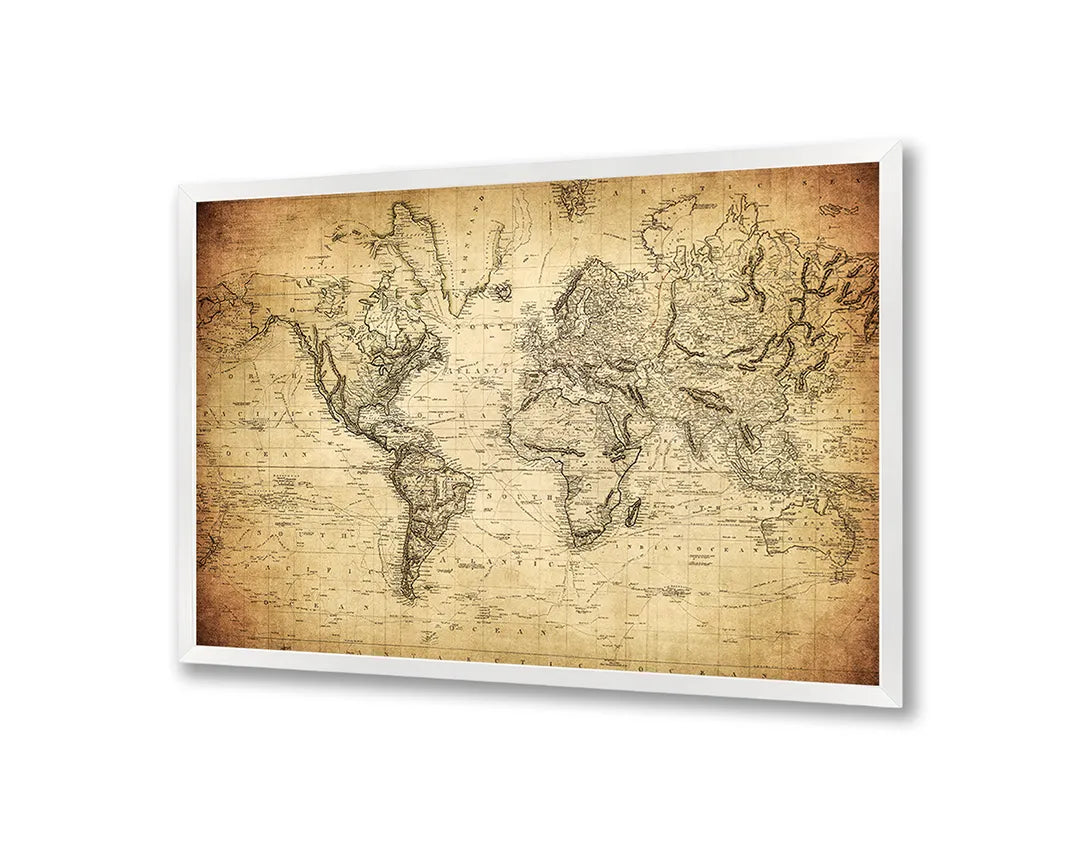 Metalen Magneetbord met afbeelding van oude wereldkaart met textuur in verweerd beige kleuren