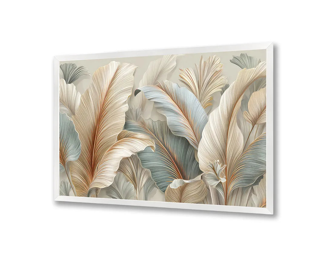 Metalen Magneetbord met hoogwaardige afbeelding van Grote veren bladeren 3D wit goud voor aan de muur
