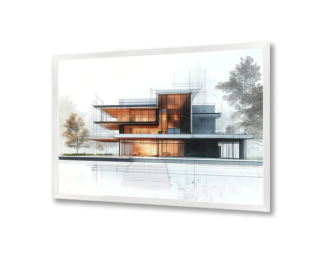 Metalen Magneetbord met hoogwaardige afbeelding van Modern huis architectuur waterkant voor aan de muur