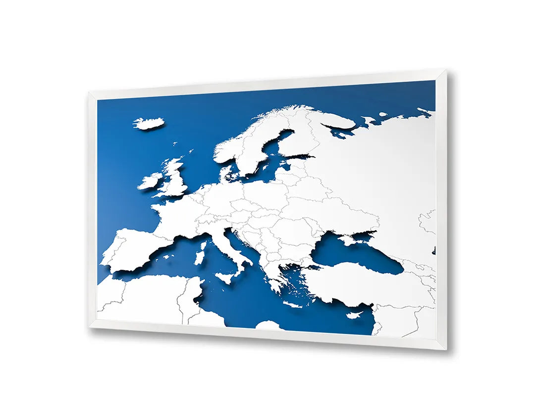 Metalen Magneetbord met afbeelding van blauw-witte Europa kaart in blauw en wit kleuren