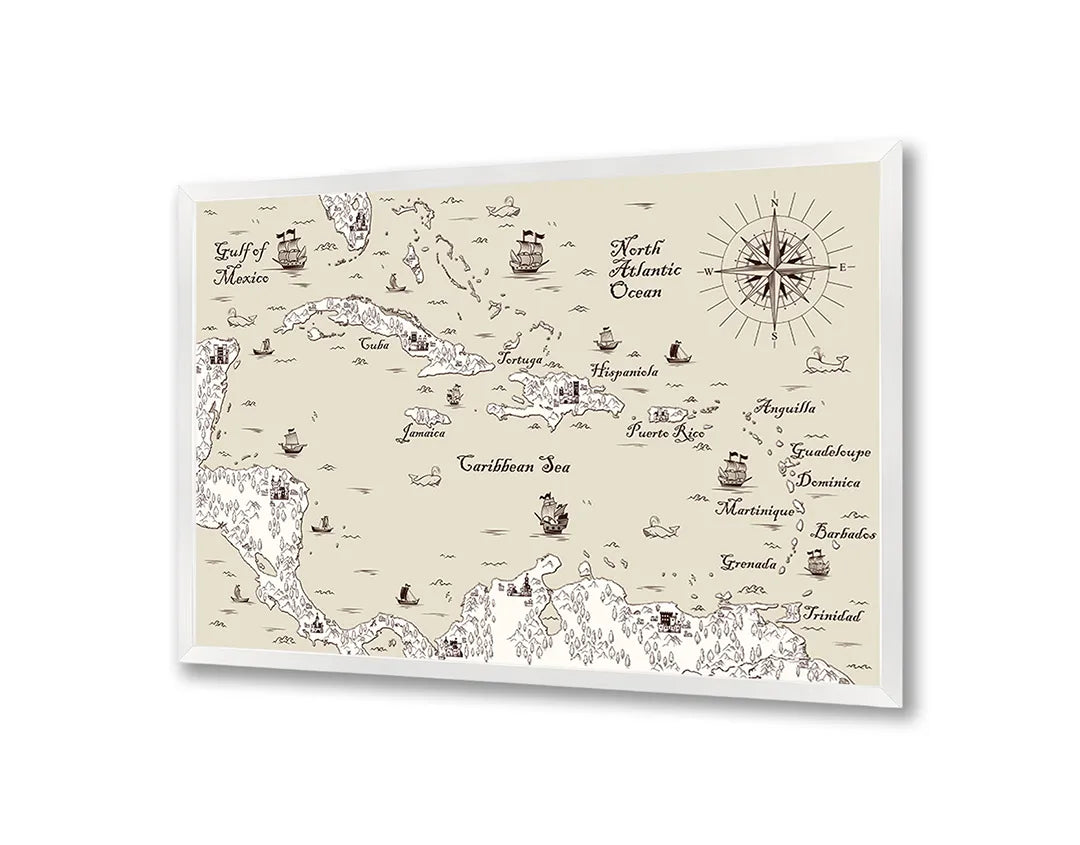 Metalen Magneetbord met afbeelding van nautische historische landkaart met schepen in klassiek perkament kleuren