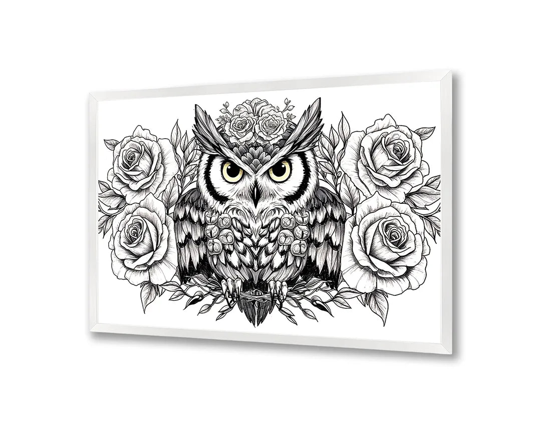 Metalen Magneetbord met hoogwaardige afbeelding van Uil illustratie met bloemen voor aan de muur