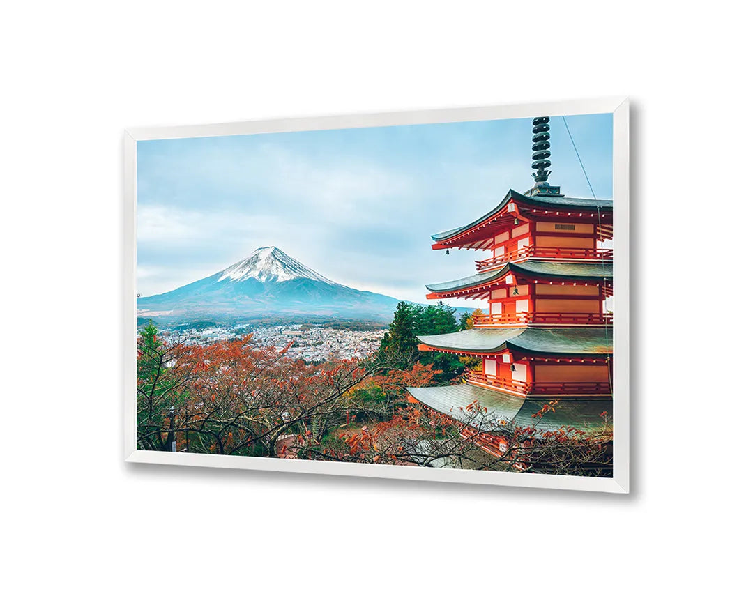 Metalen Magneetbord met afbeelding van Mount Fuji en pagode in de herfst in rood en blauw kleuren