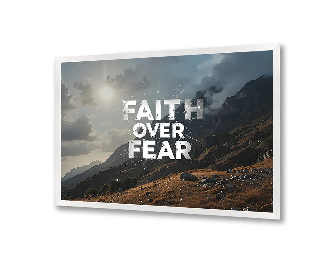 Metalen Magneetbord met hoogwaardige afbeelding van Faith over fear bergen landschap voor aan de muur