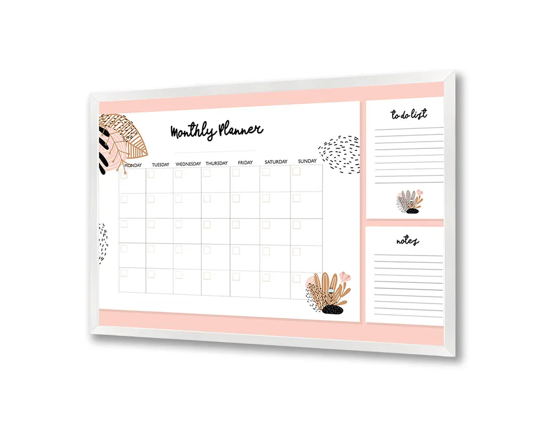 Metalen Magneetbord met afbeelding van roze en witte maandplanner in zacht roze kleuren